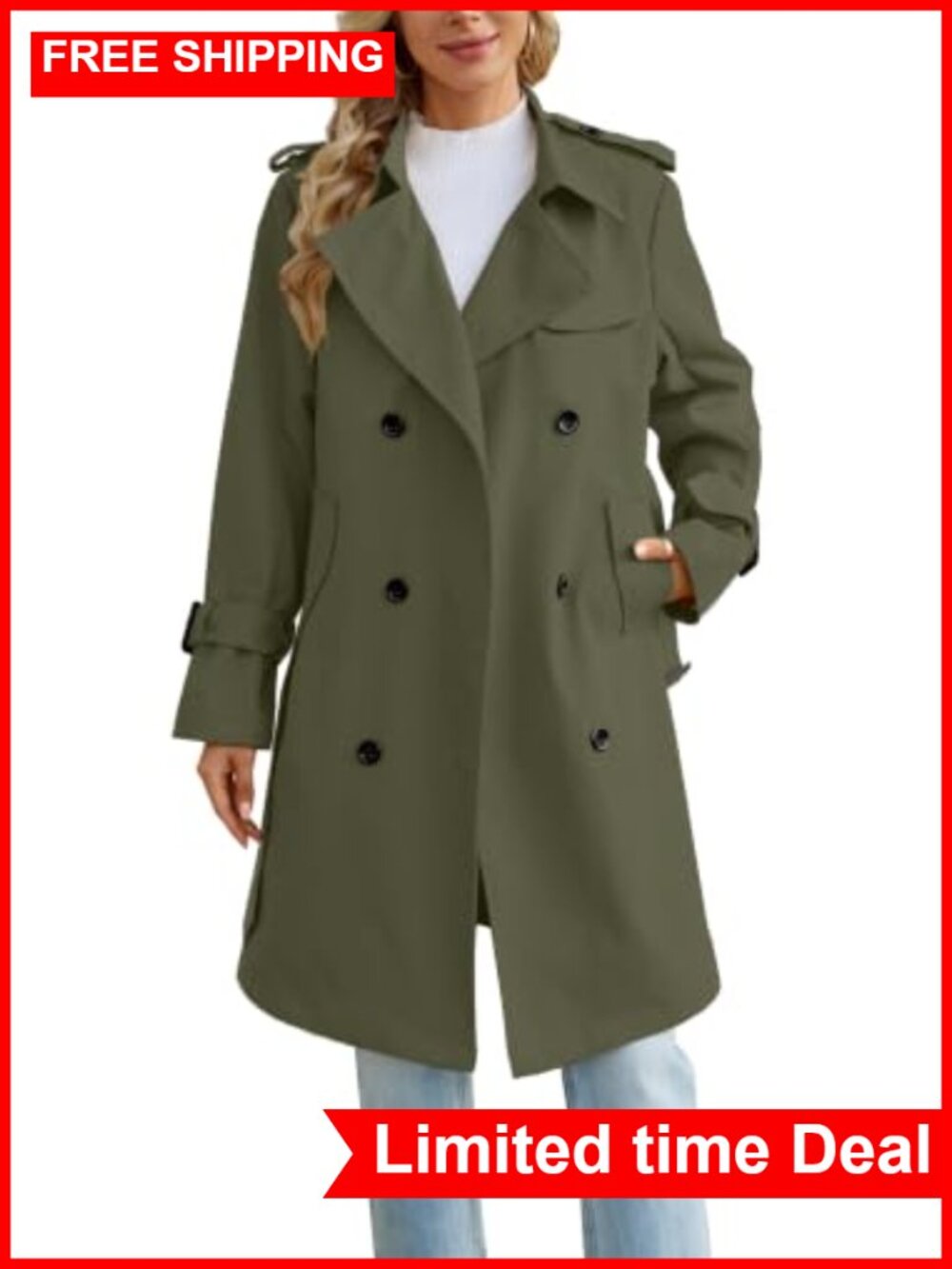 Double Breasted Trench Coat with Belt Notch Lapel Long Sleeve 100% Polyester